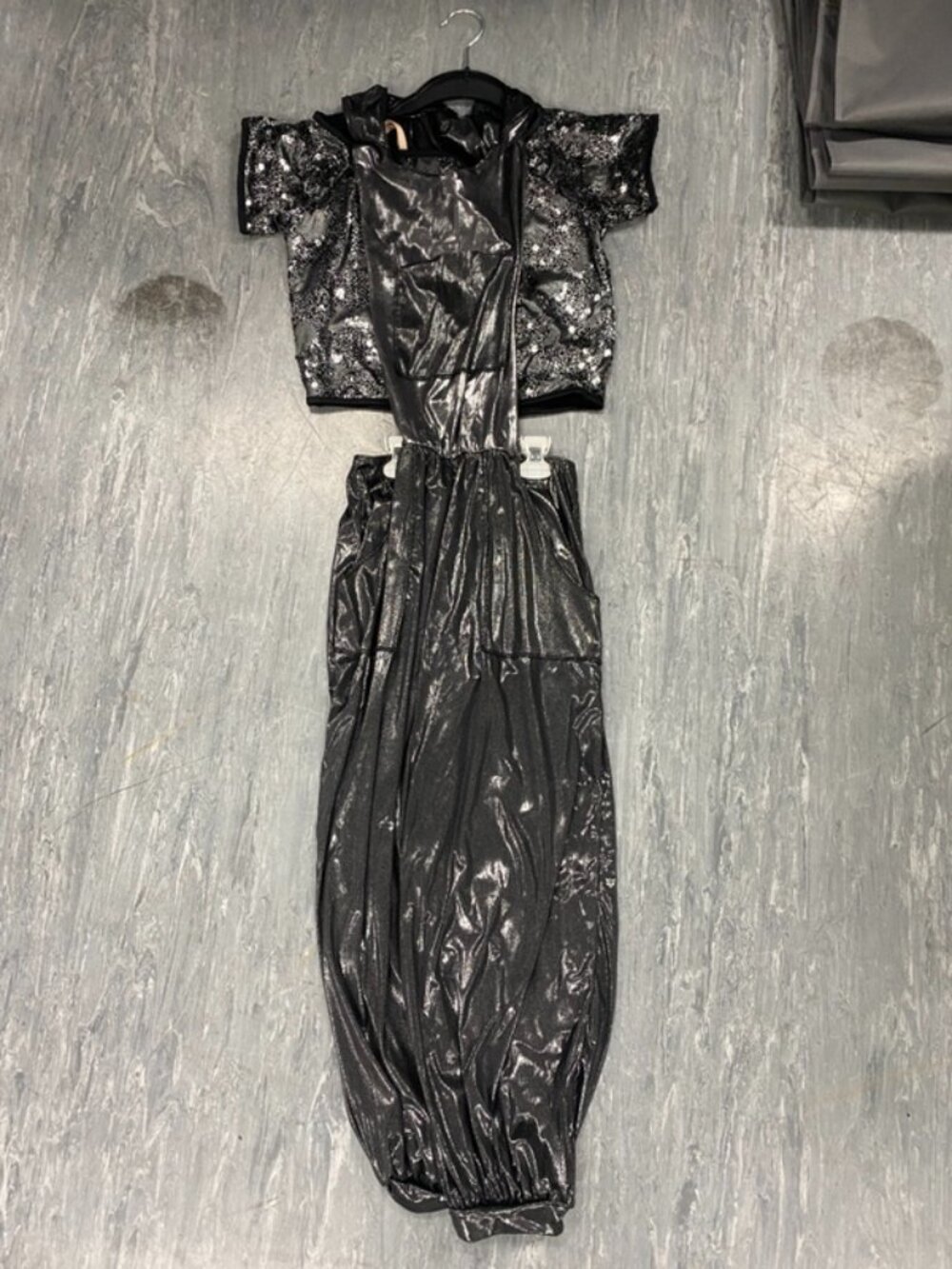 Silver Metallic Dance Costume with Sequined Top and Harem Pants-MA Dansco